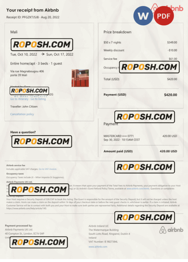 Mali Airbnb booking confirmation Word and PDF template