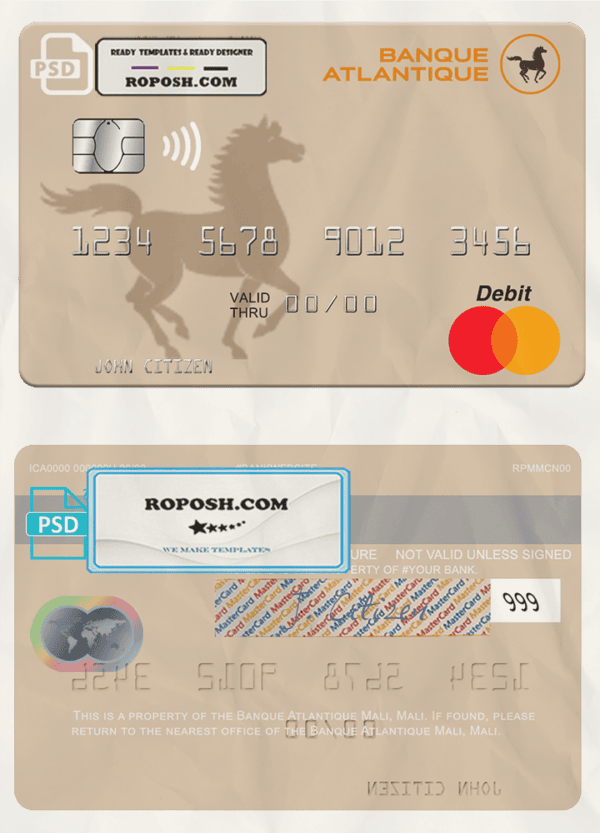 Mali Banque Atlantique mastercard credit card template in PSD format
