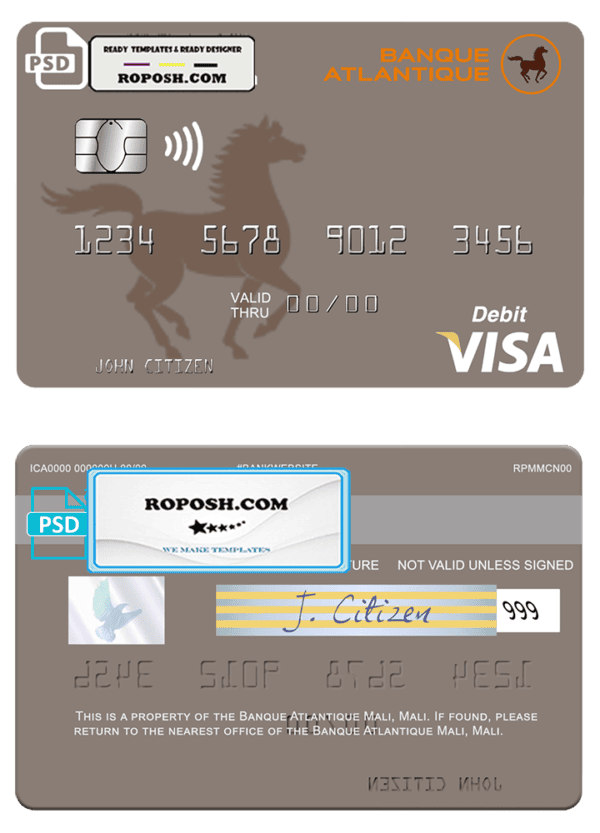 Mali Banque Atlantique visa credit card template in PSD format