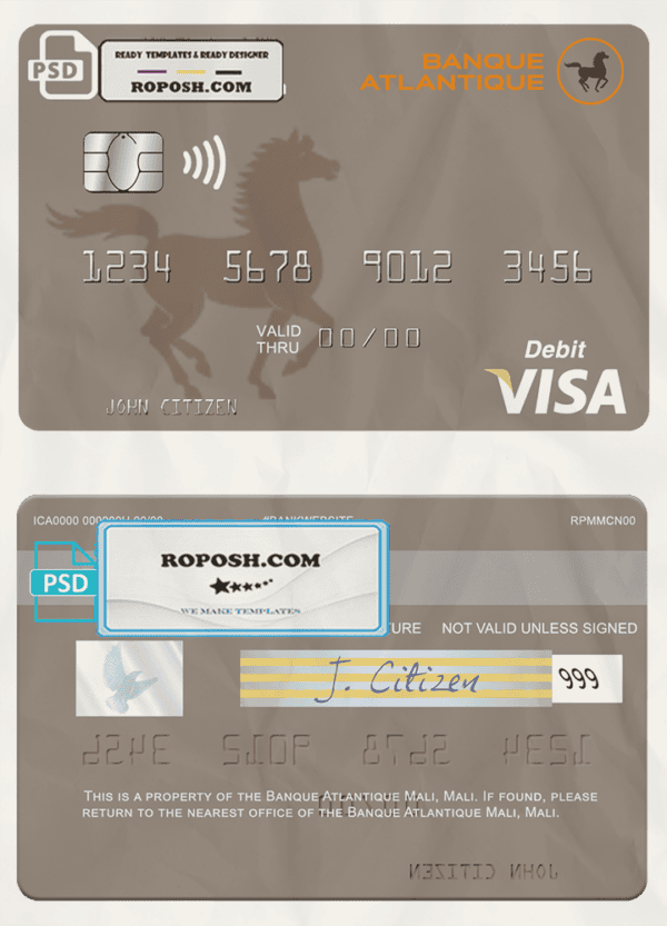 Mali Banque Atlantique visa credit card template in PSD format