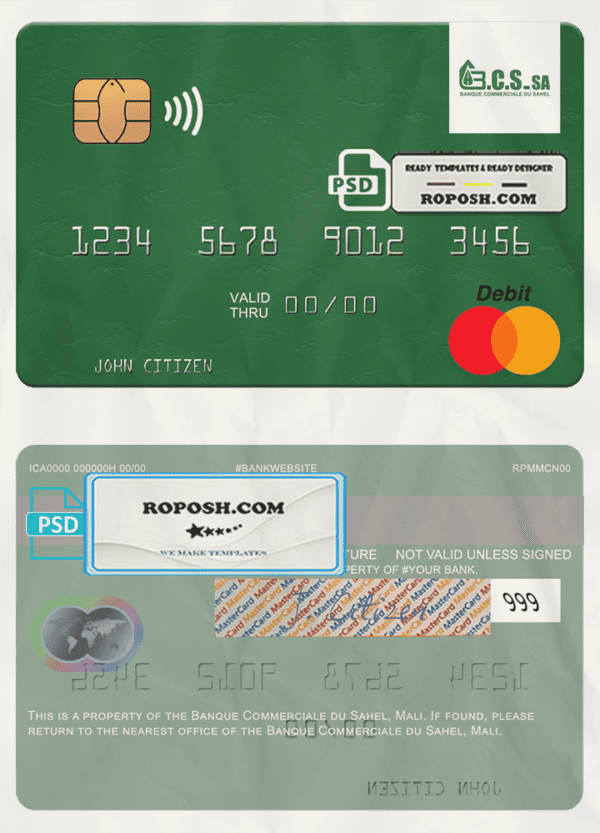 Mali Banque Commerciale du Sahel mastercard credit card template in PSD format