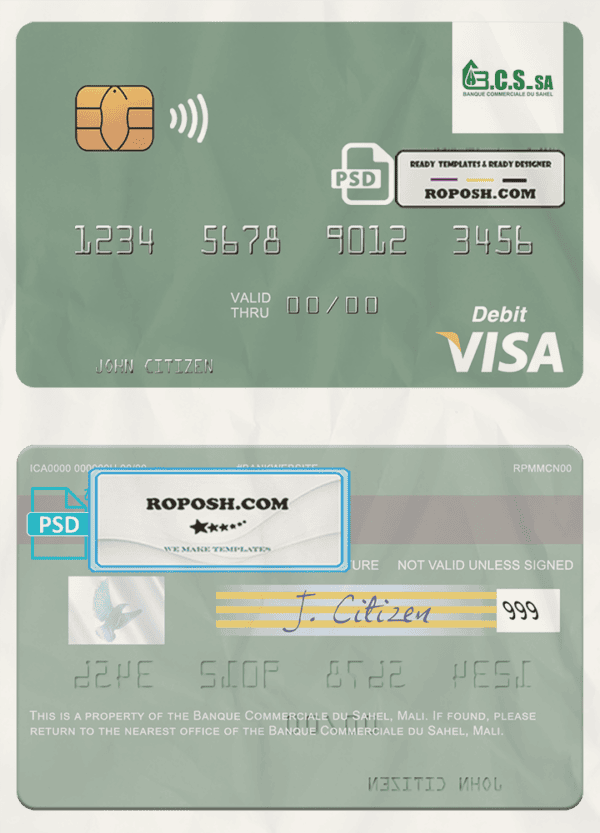 Mali Banque Commerciale du Sahel visa card fully editable template in PSD format