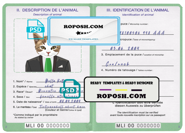 Mali cat (animal, pet) passport PSD template, completely editable