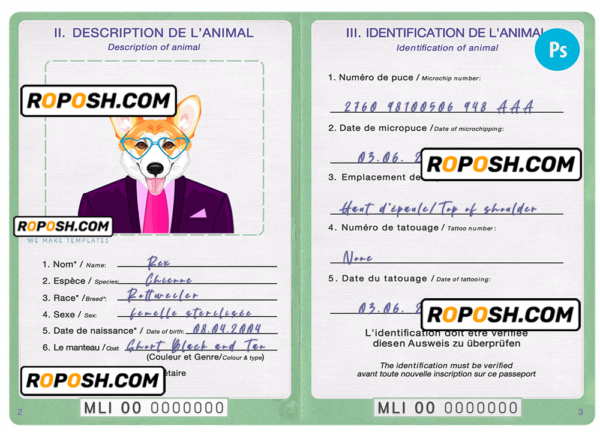 Mali dog (animal, pet) passport PSD template, completely editable
