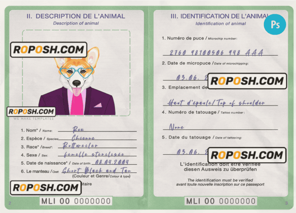 Mali dog (animal, pet) passport PSD template, completely editable