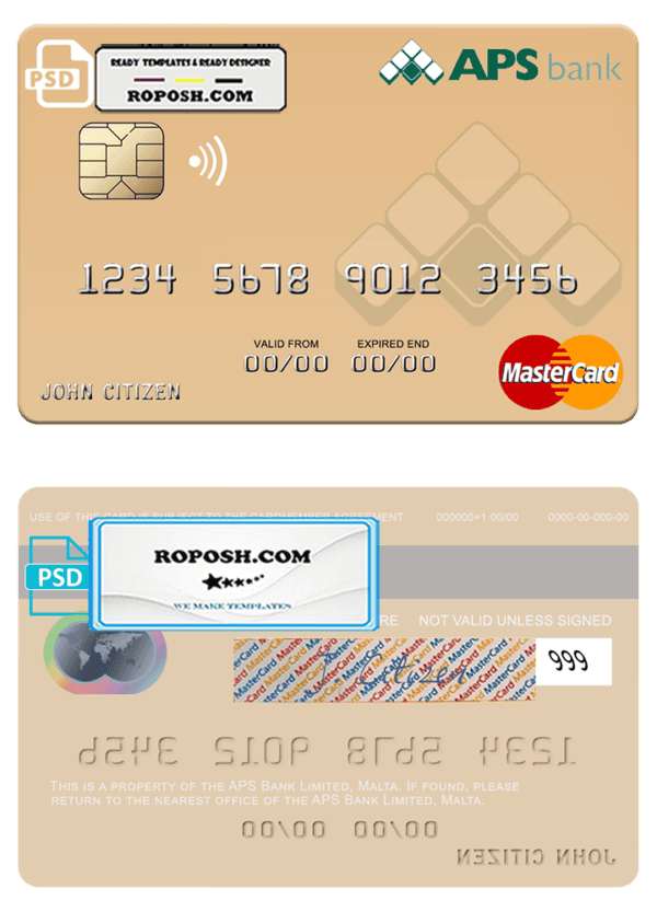 Malta APS Bank Limited mastercard credit card template in PSD format