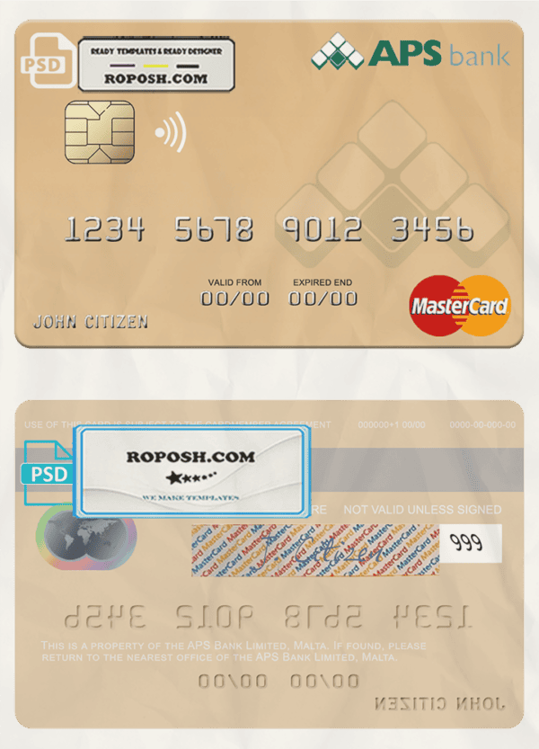 Malta APS Bank Limited mastercard credit card template in PSD format
