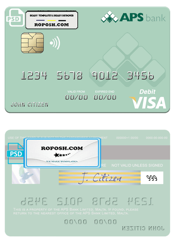 Malta APS Bank Limited visa card fully editable template in PSD format