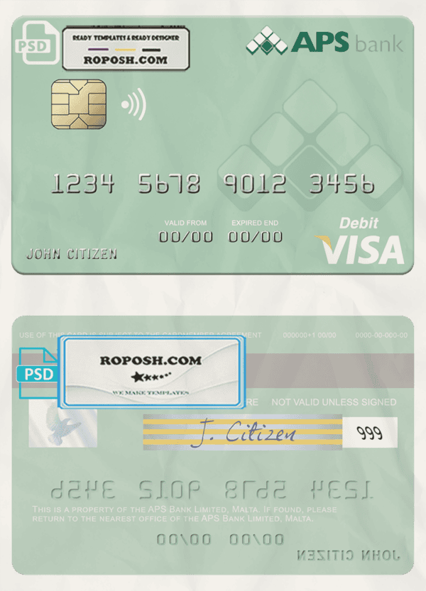 Malta APS Bank Limited visa card fully editable template in PSD format