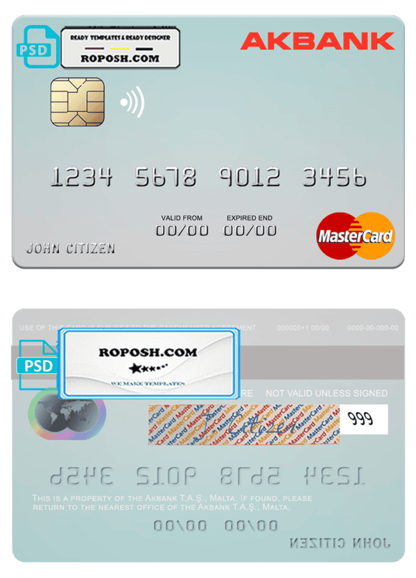 Malta Akbank T.A.Ş. mastercard credit card template in PSD format