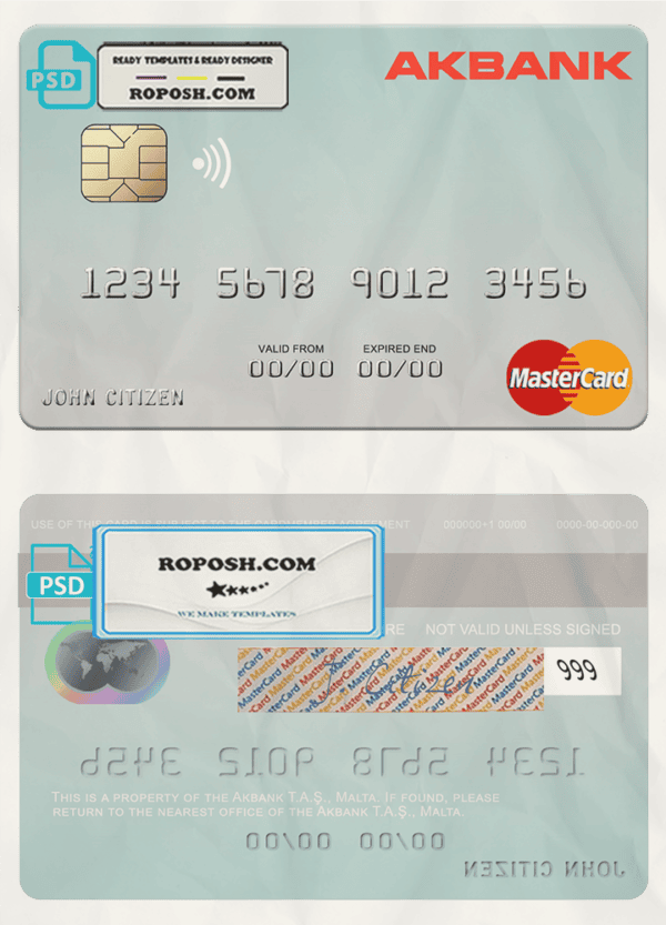 Malta Akbank T.A.Ş. mastercard credit card template in PSD format