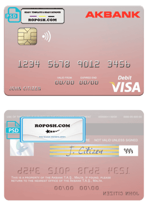 Malta Akbank T.A.Ş. visa credit card fully editable template in PSD format