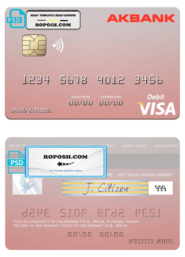 Malta Akbank T.A.Ş. visa credit card fully editable template in PSD format