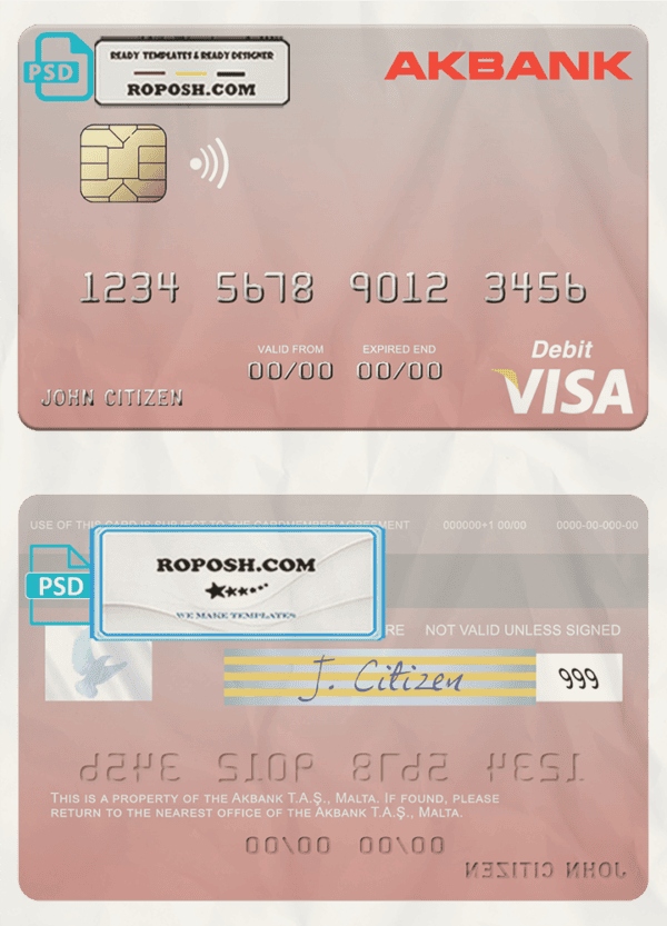 Malta Akbank T.A.Ş. visa credit card fully editable template in PSD format