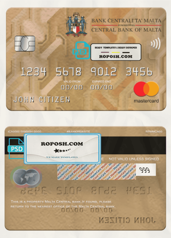 Malta Central bank mastercard, fully editable template in PSD format