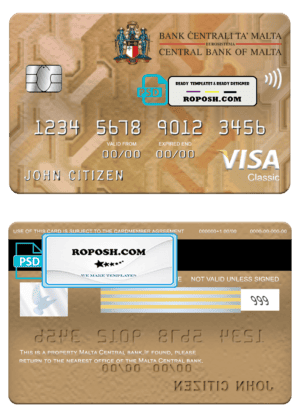 Malta Central bank visa classic card, fully editable template in PSD format