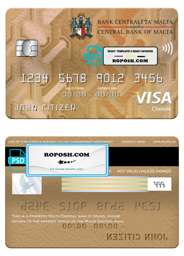 Malta Central bank visa classic card, fully editable template in PSD format
