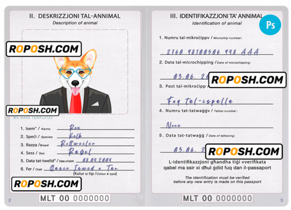 Malta dog (animal, pet) passport PSD template, completely editable