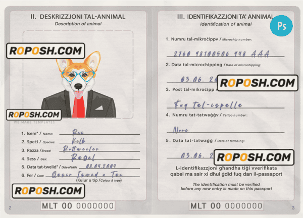 Malta dog (animal, pet) passport PSD template, completely editable