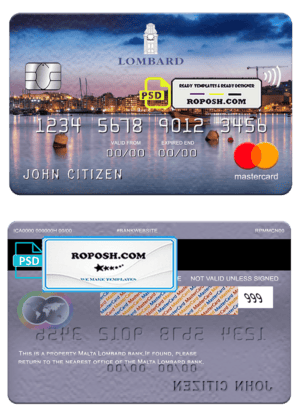 Malta Lombard bank mastercard, fully editable template in PSD format