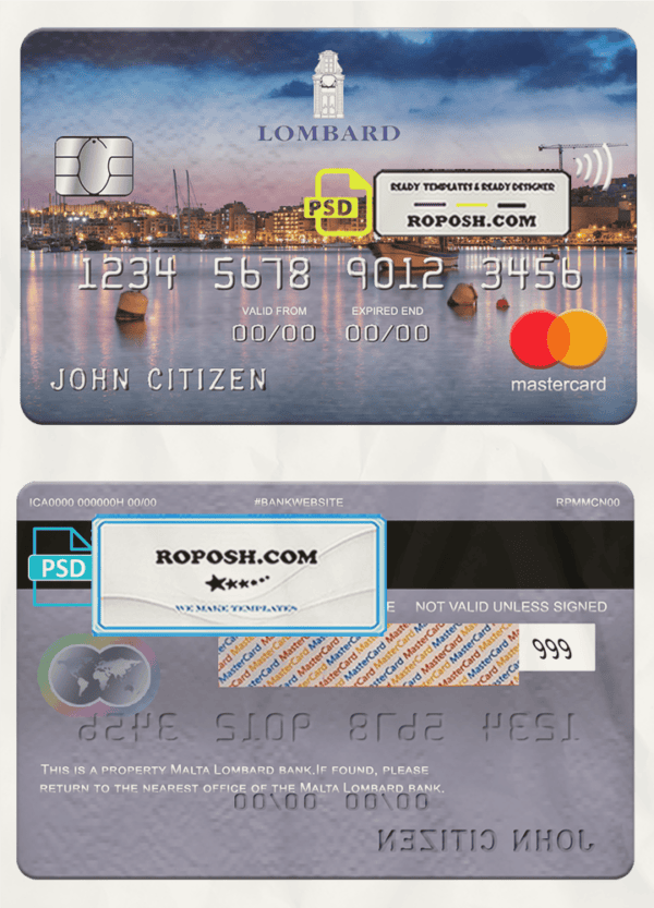 Malta Lombard bank mastercard, fully editable template in PSD format
