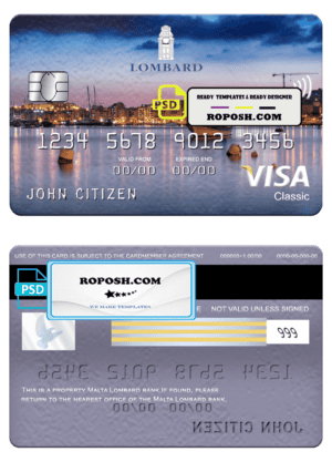 Malta Lombard bank visa classic card, fully editable template in PSD format