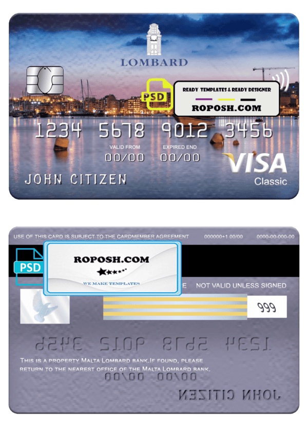 Malta Lombard bank visa classic card, fully editable template in PSD format