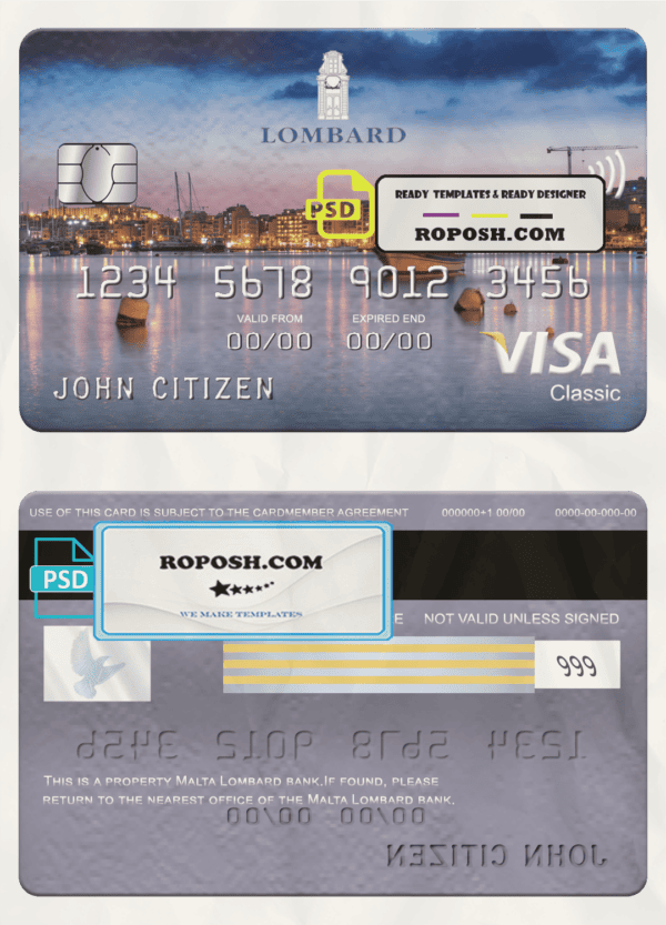 Malta Lombard bank visa classic card, fully editable template in PSD format