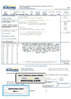 Canada Maritime Electric utility bill template in Word and PDF format