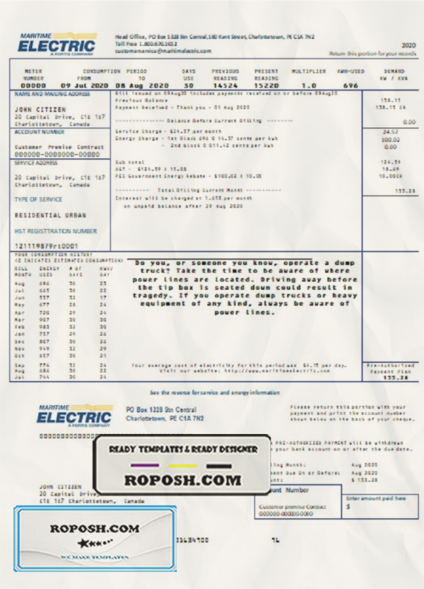 Canada Maritime Electric utility bill template in Word and PDF format scan effect