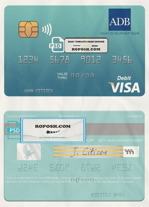 Marshall Islands ADB Bank visa credit card template in PSD format