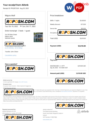 Marshall Islands Airbnb booking confirmation Word and PDF template