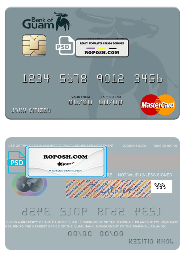 Marshall Islands Bank of Guam mastercard fully editable credit card template in PSD format