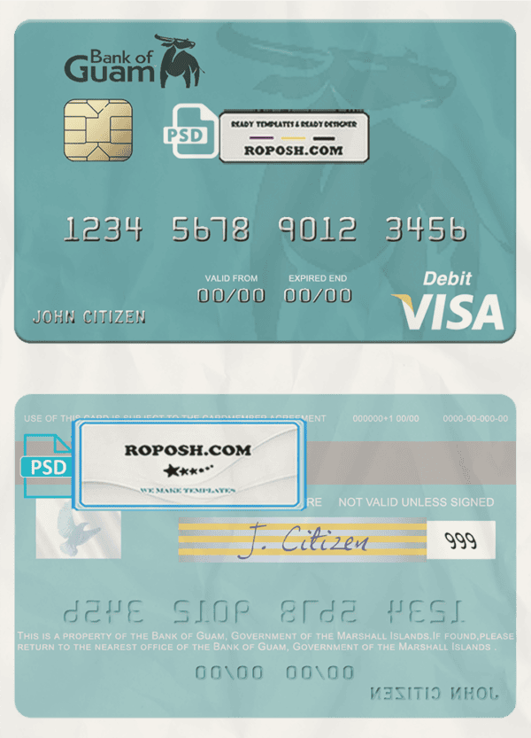 Marshall Islands Bank of Guam visa credit card fully editable template in PSD format