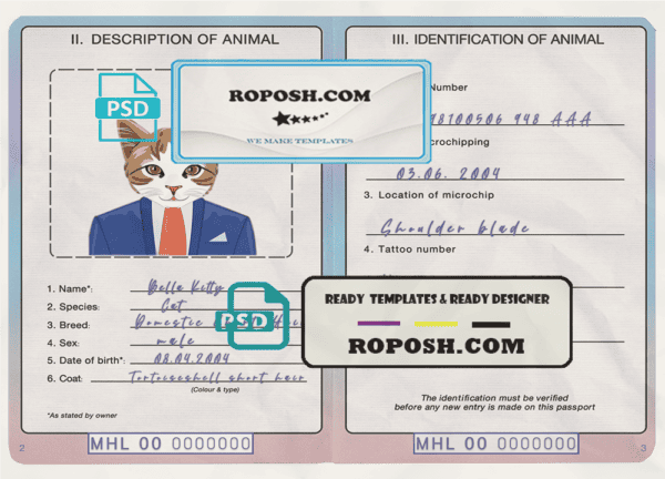 Marshall Islands cat (animal, pet) passport PSD template, fully editable