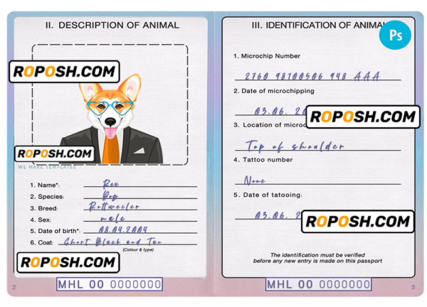 Marshall Islands dog (animal, pet) passport PSD template, fully editable