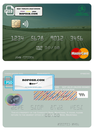 Mauritania Chinguitty Bank mastercard credit card template in PSD format