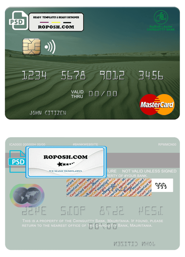 Mauritania Chinguitty Bank mastercard credit card template in PSD format