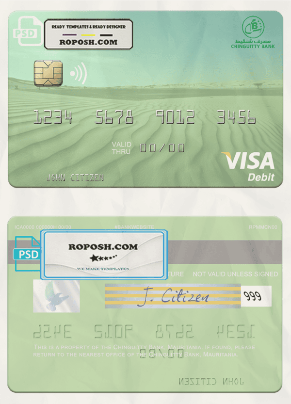 Mauritania Chinguitty Bank visa card fully editable template in PSD format
