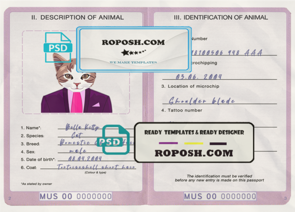 Mauritius cat (animal, pet) passport PSD template, fully editable scan effect
