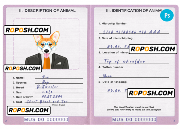 Mauritius dog (animal, pet) passport PSD template, fully editable