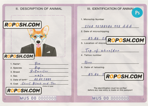 Mauritius dog (animal, pet) passport PSD template, fully editable scan effect