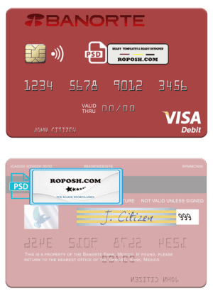 Mexico Banorte Bank visa debit card template in Word and PDF format