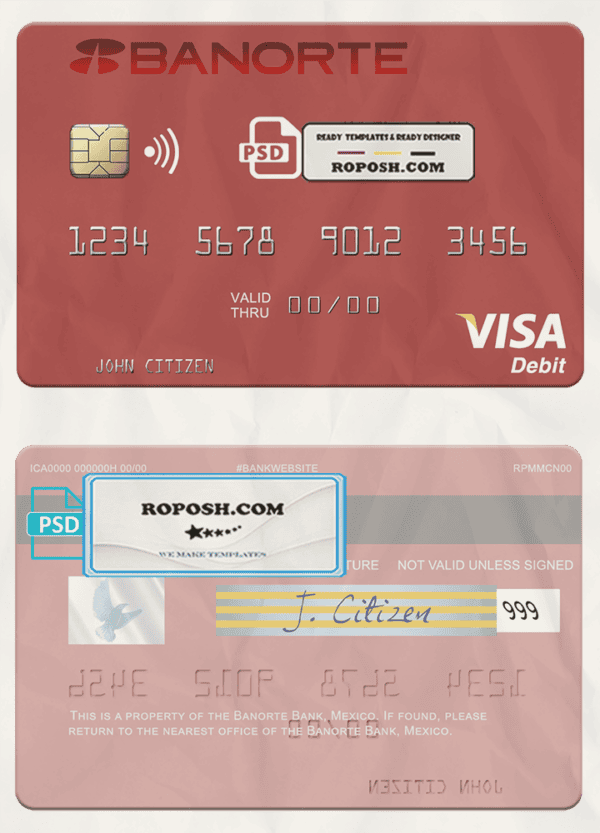 Mexico Banorte Bank visa debit card template in Word and PDF format