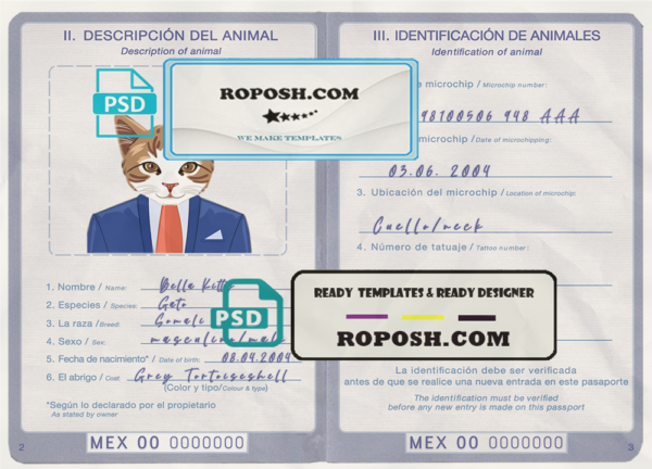 Mexico cat (animal, pet) passport PSD template, completely editable scan effect