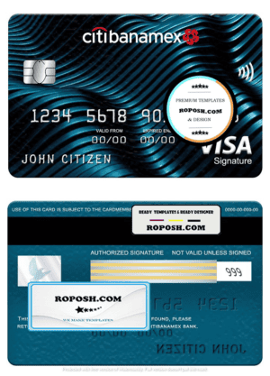 Mexico Citibanamex bank visa signature card, fully editable template in PSD format