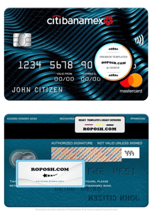 Mexico Citibanamex bank mastercard, fully editable template in PSD format