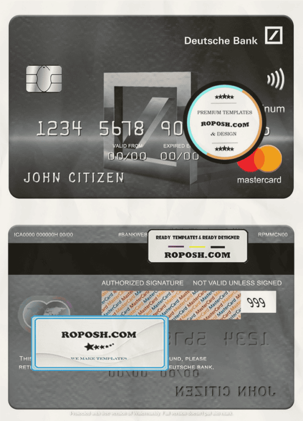 Mexico Deutsche bank mastercard platinum, fully editable template in PSD format