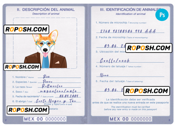 Mexico dog (animal, pet) passport PSD template, completely editable