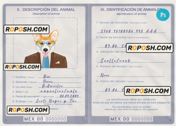 Mexico dog (animal, pet) passport PSD template, completely editable scan effect